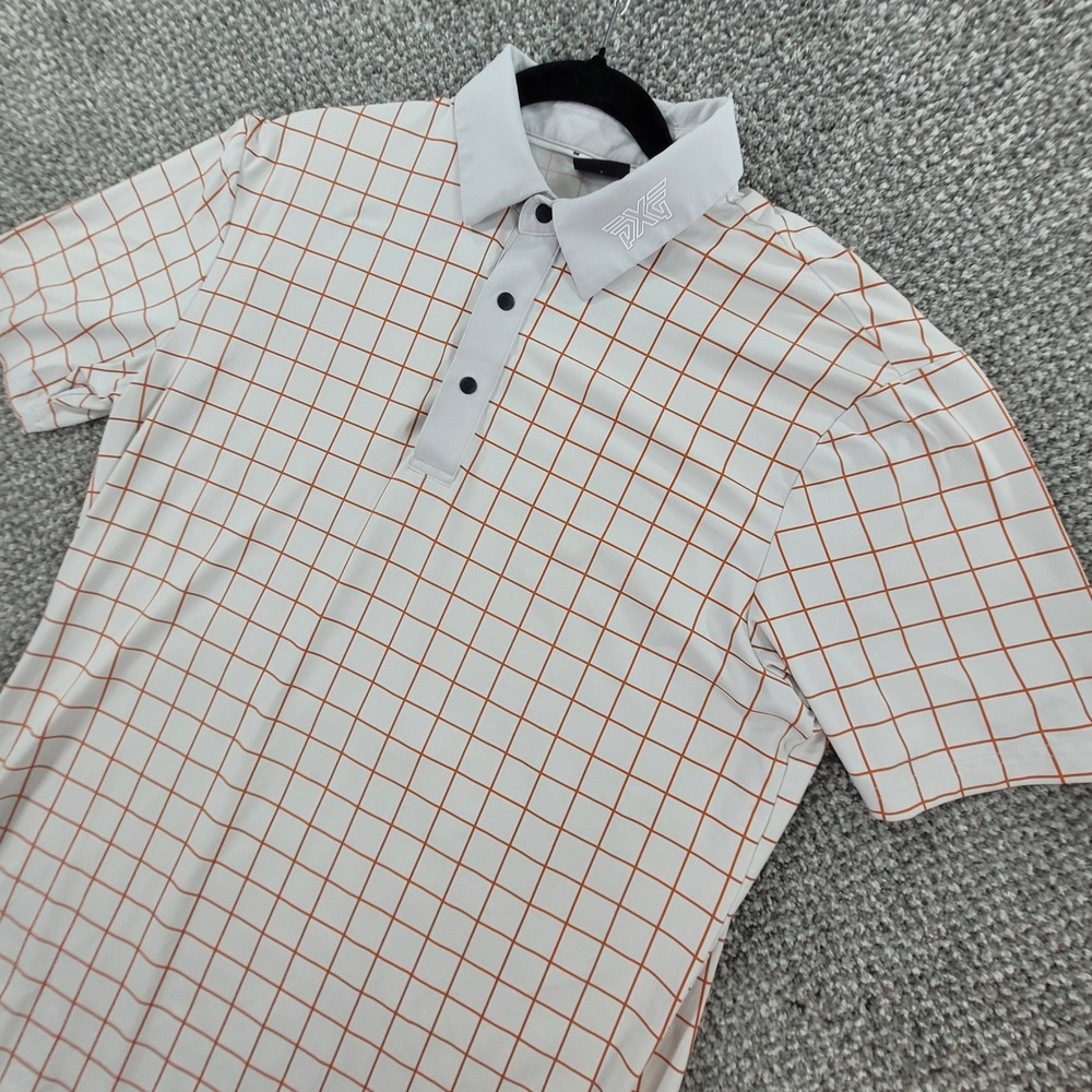 PXG Parsons Xtreme Golf Mens White Orange Grid Polo Performance Shirt Size Small